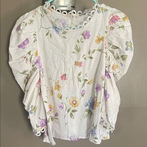 Laura Ashley White Floral Puff-Sleeve Blouse with Crochet Trim